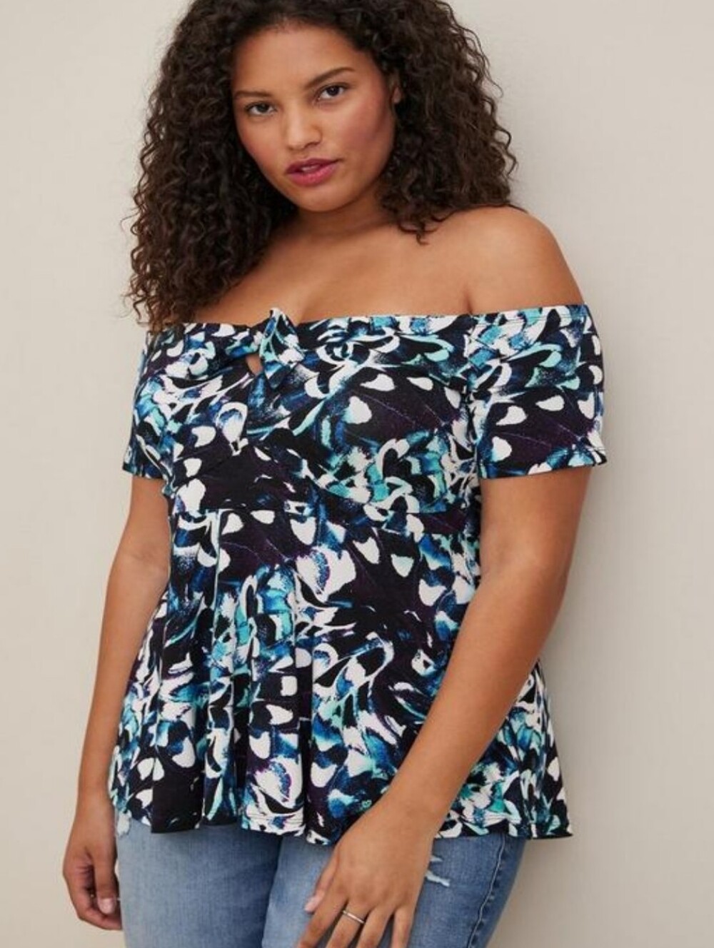Off-Shoulder Floral Print Women’s Top - Blue/White